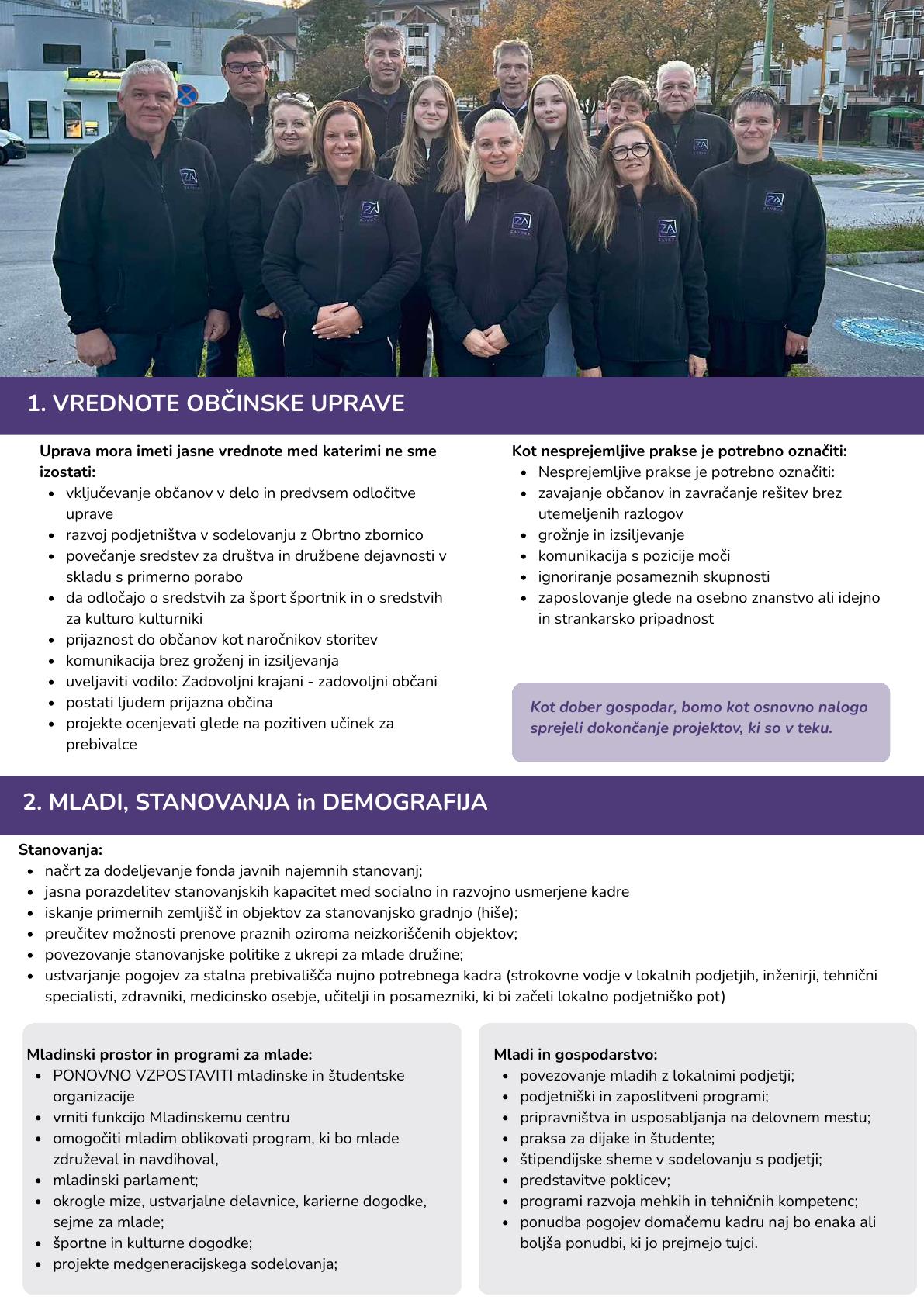 Program, stran 2: fotografija ekipe, vrednote občinske uprave, mladi, stanovanja in demografija